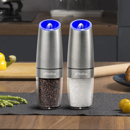 2-Piece Auto Salt and Pepper Grinder Set, Auto Salt and Pepper Mills Set, Electric Salt and Pepper Shakers, with Adjustable Coarseness for Seasoning