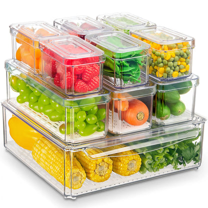 10 Pack Fridge Organiser, Stackable Refrigerator Organiser Bins with Lids, BPA-Free, Kitchen Storage Containers, Clear Fridge Storage