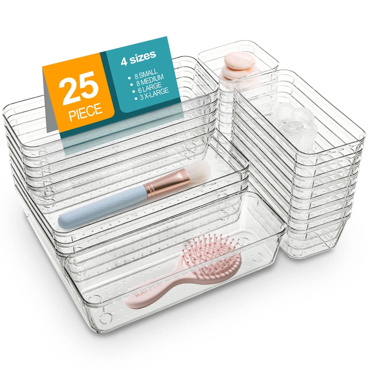 25 Piece Clear Plastic Drawer Organizers Set
