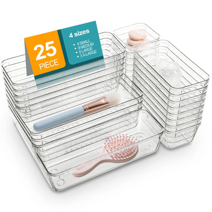 25 Piece Clear Plastic Drawer Organizers Set