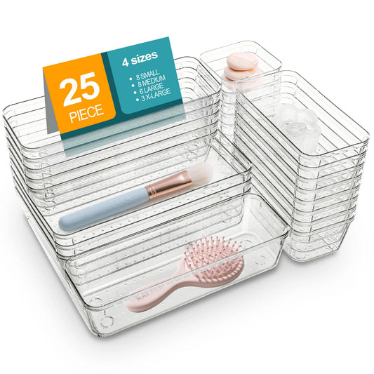 25 Piece Clear Plastic Drawer Organizers Set