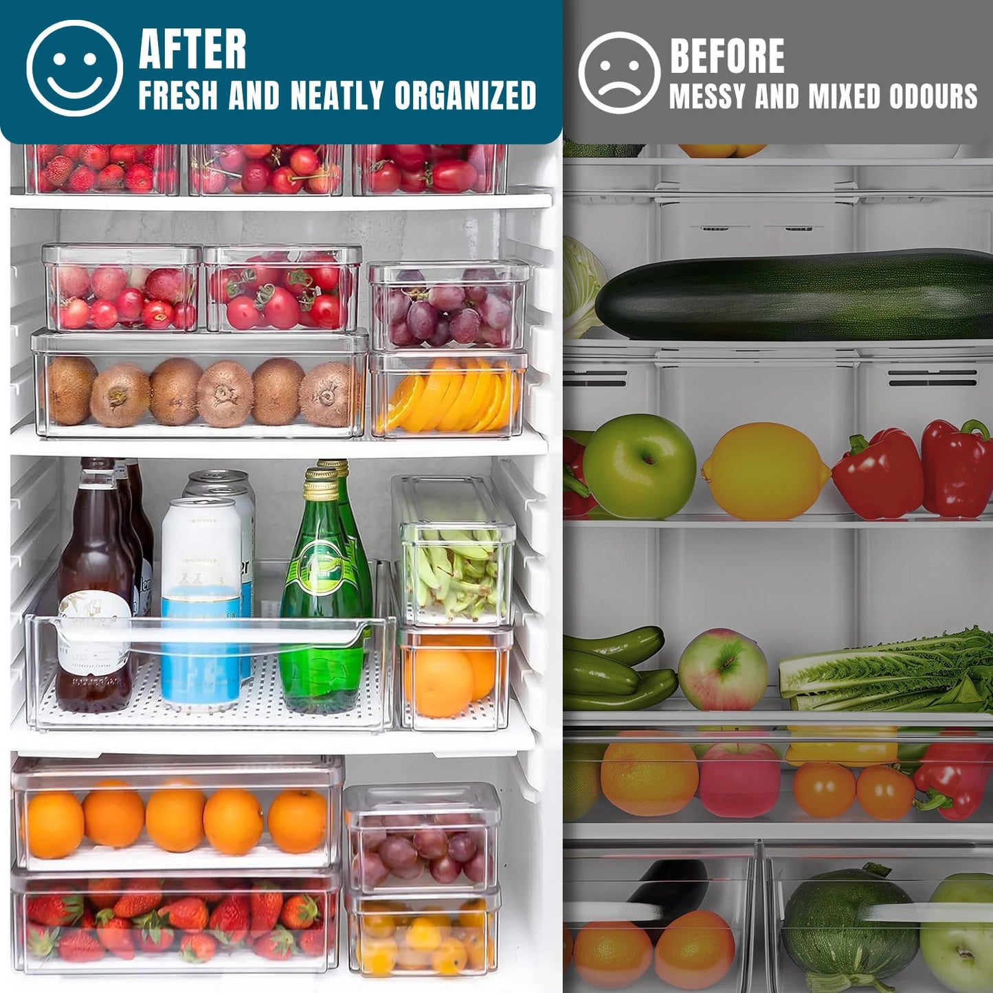 10 Pack Fridge Organiser, Stackable Refrigerator Organiser Bins with Lids, BPA-Free, Kitchen Storage Containers, Clear Fridge Storage