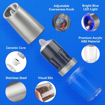 2-Piece Auto Salt and Pepper Grinder Set, Auto Salt and Pepper Mills Set, Electric Salt and Pepper Shakers, with Adjustable Coarseness for Seasoning