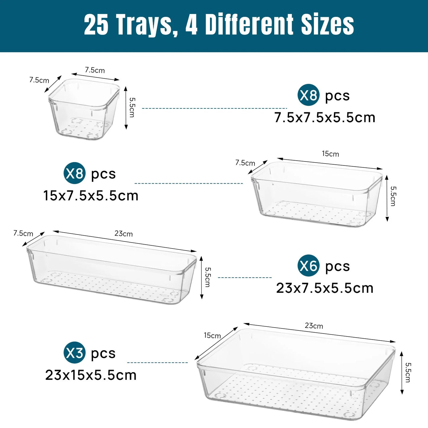 25 Piece Clear Plastic Drawer Organizers Set