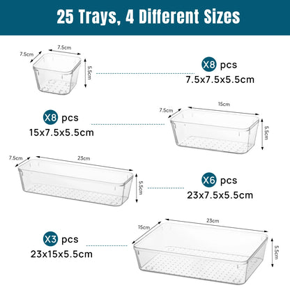 25 Piece Clear Plastic Drawer Organizers Set