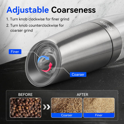 2-Piece Auto Salt and Pepper Grinder Set, Auto Salt and Pepper Mills Set, Electric Salt and Pepper Shakers, with Adjustable Coarseness for Seasoning