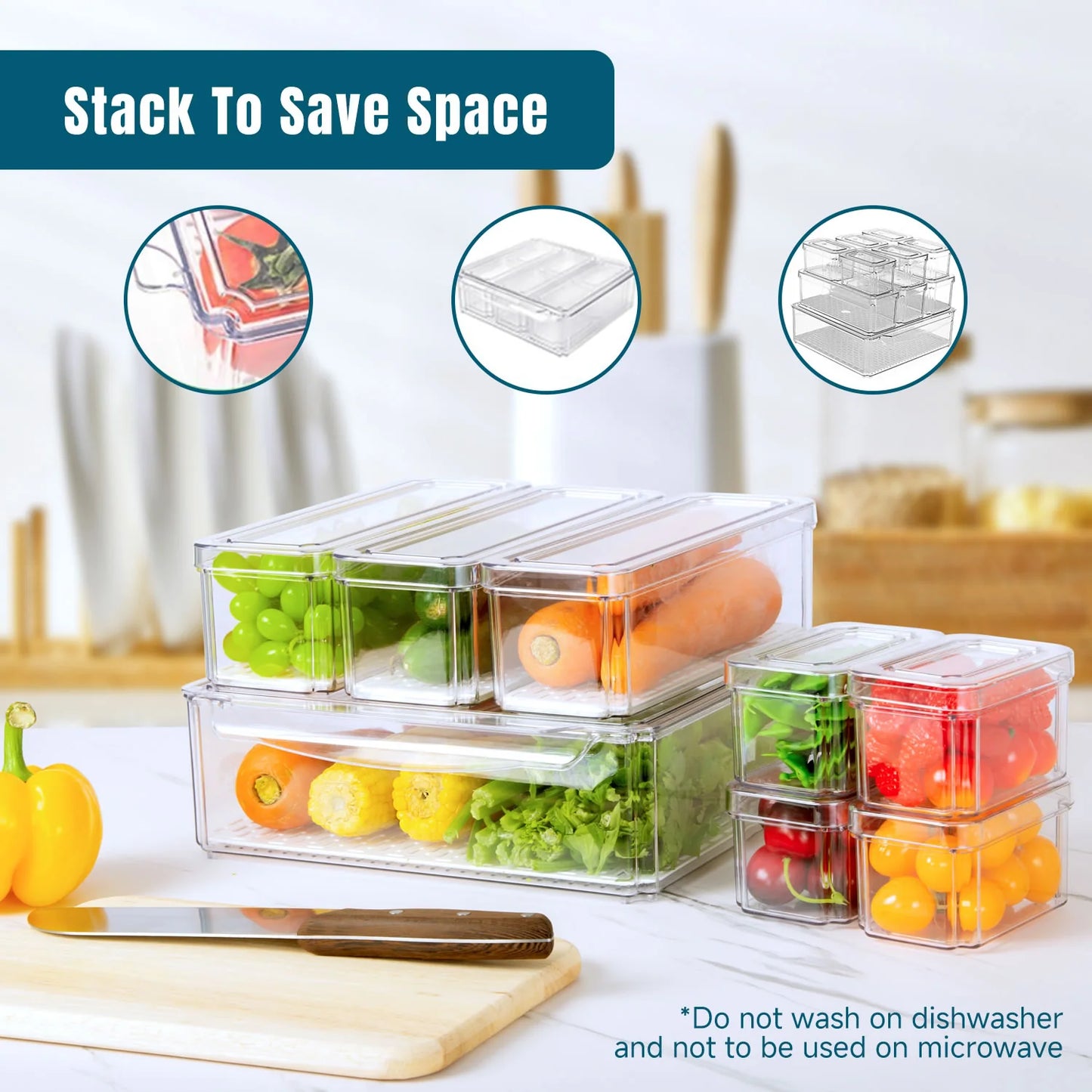 10 Pack Fridge Organiser, Stackable Refrigerator Organiser Bins with Lids, BPA-Free, Kitchen Storage Containers, Clear Fridge Storage