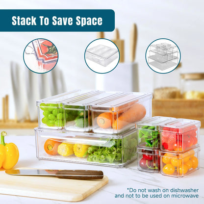 10 Pack Fridge Organiser, Stackable Refrigerator Organiser Bins with Lids, BPA-Free, Kitchen Storage Containers, Clear Fridge Storage