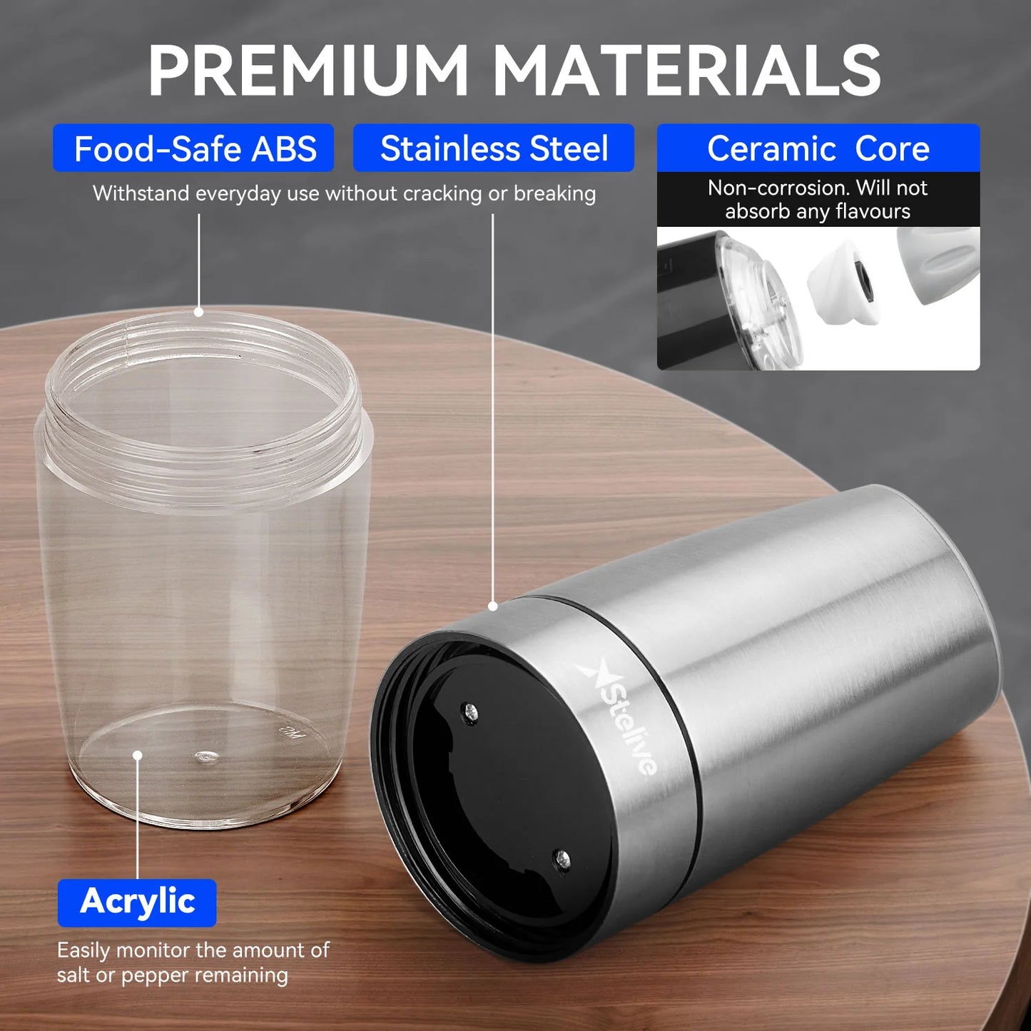 2-Piece Auto Salt and Pepper Grinder Set, Auto Salt and Pepper Mills Set, Electric Salt and Pepper Shakers, with Adjustable Coarseness for Seasoning