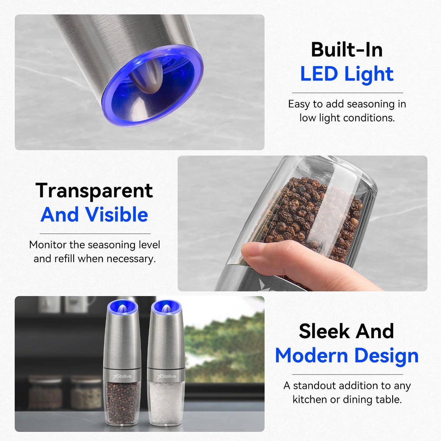 2-Piece Auto Salt and Pepper Grinder Set, Auto Salt and Pepper Mills Set, Electric Salt and Pepper Shakers, with Adjustable Coarseness for Seasoning