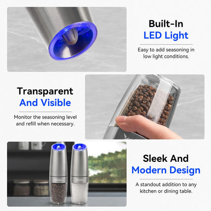 2-Piece Auto Salt and Pepper Grinder Set, Auto Salt and Pepper Mills Set, Electric Salt and Pepper Shakers, with Adjustable Coarseness for Seasoning