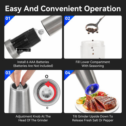 2-Piece Auto Salt and Pepper Grinder Set, Auto Salt and Pepper Mills Set, Electric Salt and Pepper Shakers, with Adjustable Coarseness for Seasoning